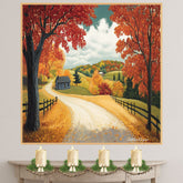 Curving Autumn Road with Blue Cabin and Hills – Colorful Fall Folk Art Landscape Wall Print on Ready to Hang 1.5" Thick Canvas Wrap, Floating Framed Canvas, Flat Rolled Canvas